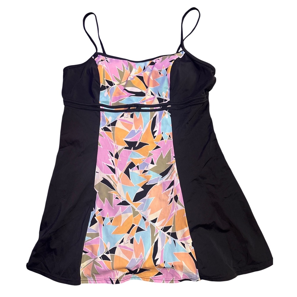 A Shore Fit Black Multicolor Abstract Skirted One Piece Swimsuit Size 16